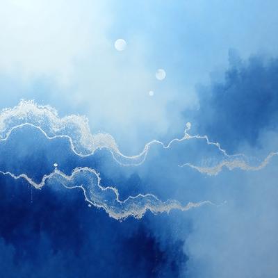 The primary subject of the image is a blue and white painting of a wave. The setting is a cloudy sky, and the visual style appears to be a digital art or illustration. The dominant colors are blue and white, creating a calm and serene atmosphere.